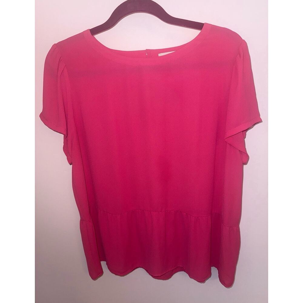Loft Top Women's Large Hot Pink Solid Tunic Short Sleeve Peplum Ruffle